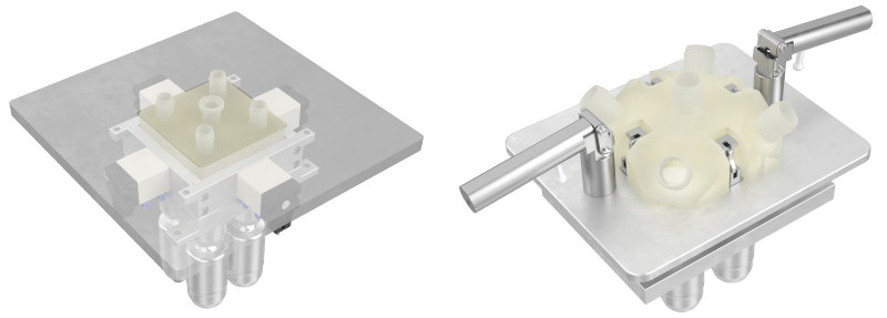 Links Single-Use Mehrwege-Ventilblock mit pneumatischer Verriegelung, rechts Single-Use Mehrwege-Ventilblock mit manueller Verriegelung (Bilder: Gemü).