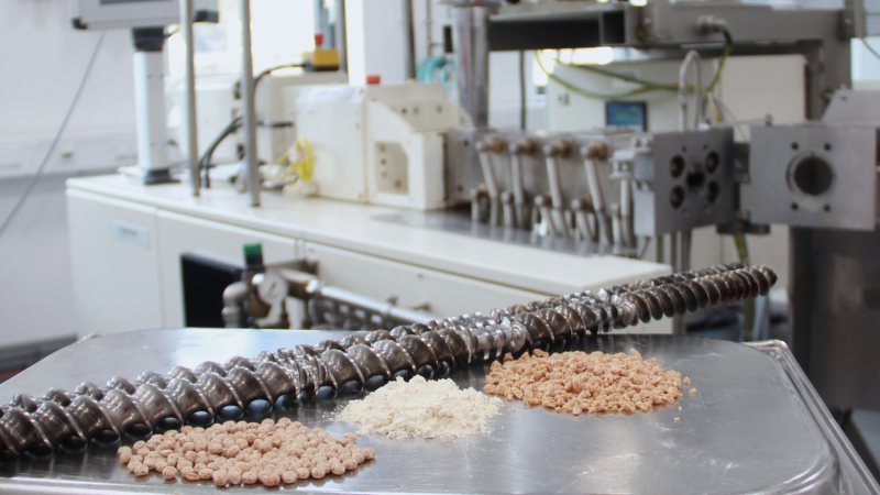 Mit der speziellen Extrusionstechnologie entstehen Fleischalternativen, z. B. aus Erbse, Lupine, Weizen oder Bohne mit einer faserigen und fleischähnlichen Textur (Bild: Fraunhofer IVV).