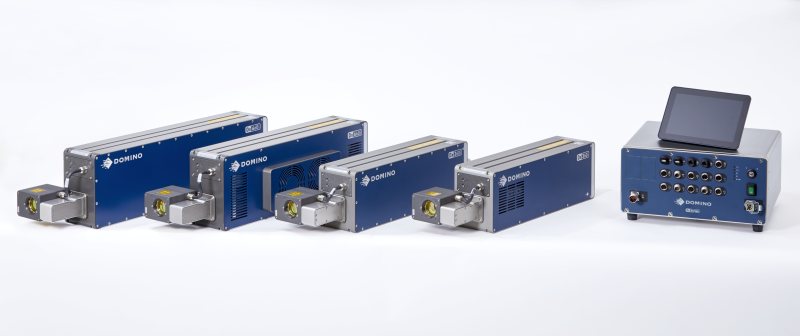 V. l.: Die neuen CO2-Lasercodierer »Dx660i« (60 Watt, zwei Gehäusevarianten), »Dx260i« (20 Watt) und »Dx360i« (30 Watt), ganz rechts der Controller im IP55-geschützten Gehäuse (Bild: Domino Deutschland).