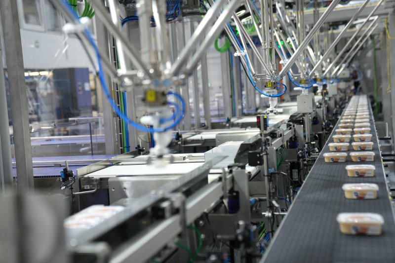 Sechs vakuumbasierte Deltaroboter saugen die zugeführten Feinkostprodukte auf ein Förderband. In der Folge werden diese gemischt sortiert in die bereitstehenden Trays gesetzt (Bild: Pilz).