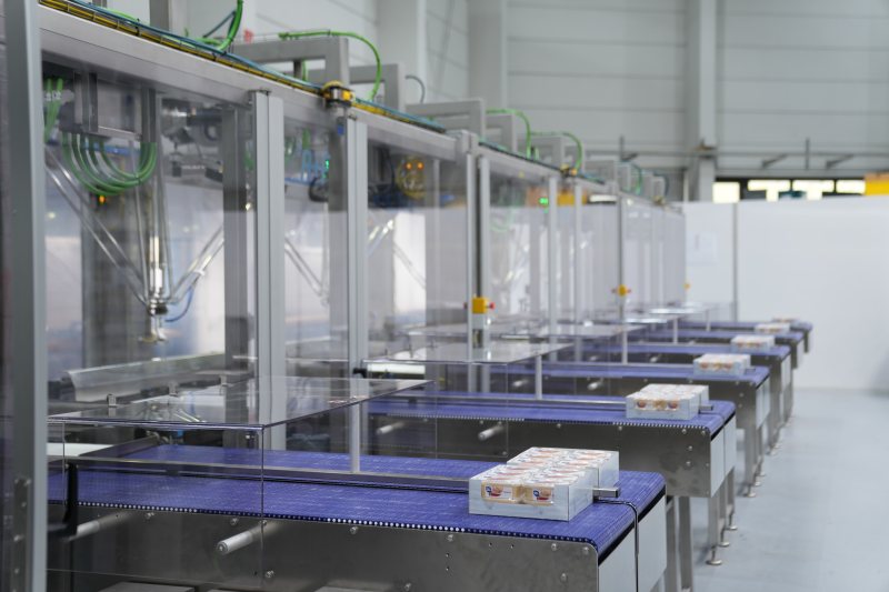  Umverpackungsanlage von A+F: Über sechs seitliche Rollenbahnen werden Kartons mit sortenreinen Feinkostsalatbechern zugeführt. In der Anlage werden die gemischt sortierten Kartons anschließend umverpackt (Bild: Pilz).