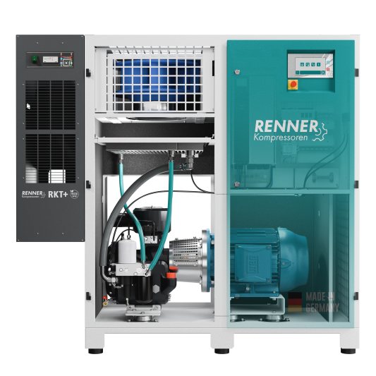 Kompakte Grundmaschine mit angebautem Kältetrockner sowie energieeffizientem Antriebssystem (Bild: Renner).