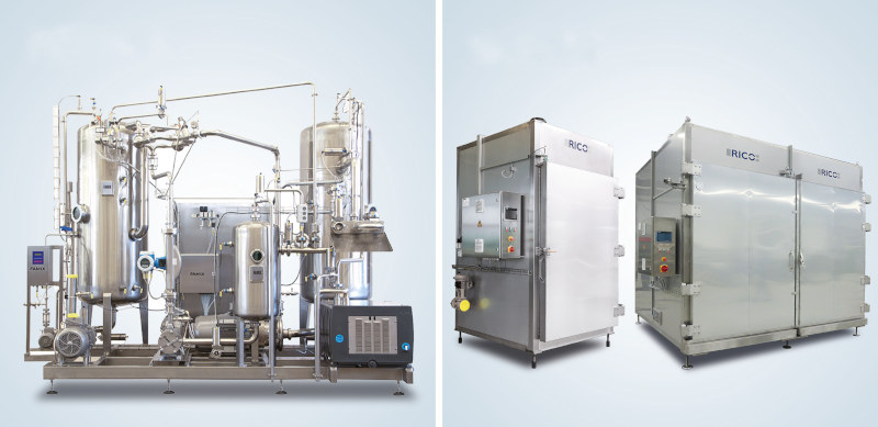 Links das Misch- und Karbonisiersystem von Famix, rechts der Kammerpasteur von Rico (Bild: Pütz Group).