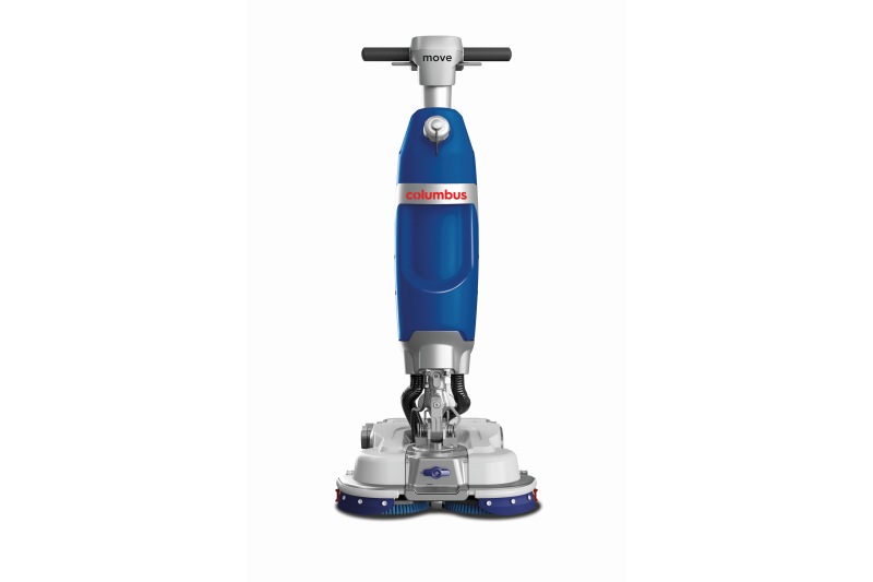 Die vertikale Scheuersaugmaschine bietet eine Arbeitsbreite von 460 mm und eine Flächenleistung von bis zu 1380 m²/h (Bild: G. Staehle).