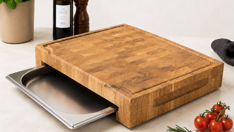 Die Premium-Holzbretter aus Eichenstirnholz sind je nach Ausführung mit Saftrillen oder herausnehmbaren Edelstahlwannen erhältlich (Bild: Hofmeister).