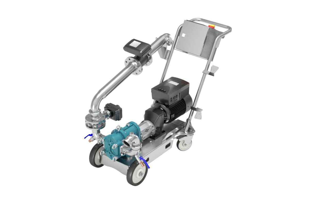 Die mobile Drehkolbenpumpe fördert flüssige, zähflüssige und abrasive Medien sowie Medien mit Feststoffanteilen schonend und pulsationsarm (Bild: Pumpen-Center SKM).