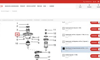 Der interaktive Ersatzteilfinder führt über Seriennummer oder Produktsuche zur Explosionsdarstellung der Pumpe und erleichtert die Auswahl passender Ersatzteile (Bild: Flux).